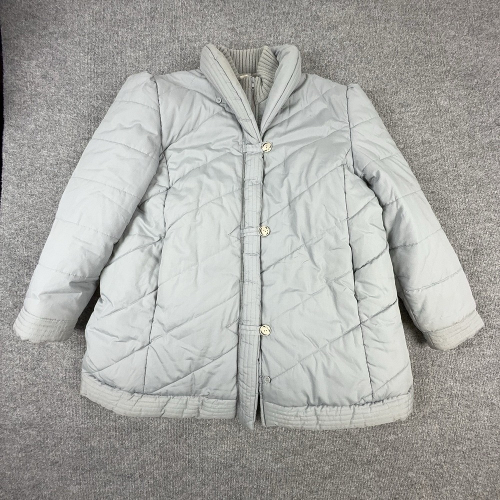 Vintage Saxton Hall Coat Womens Petite Medium Gray Quilted Zip Button Mid Length